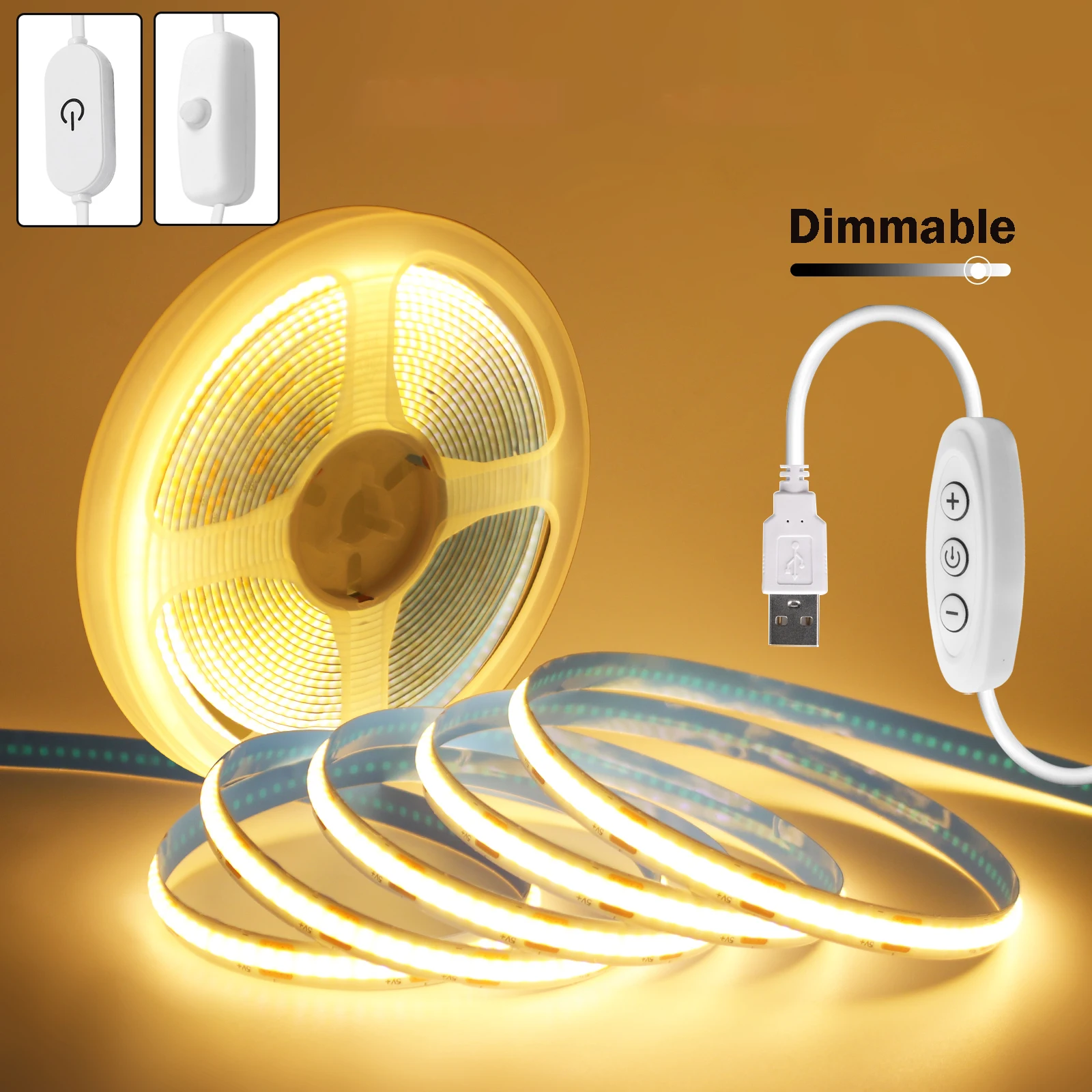 Dimmable 5V USB COB LED Strip Light with Switch/Dimmer Flexible Ribbon Adhesive Tape for Cabinet TV Mirror Backlight Room Decor