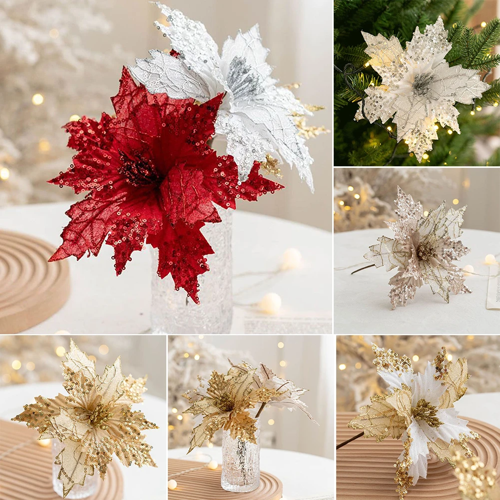 Christmas Glitter Artificial Poinsettia Flowers Tree Ornaments Xmas