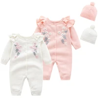 New Toddler Baby Girl Knitting Romper+Hat Floral Embroidery Long Sleeve Romper Autumn Spring Infant Baby Girls Knitting Jumpsuit