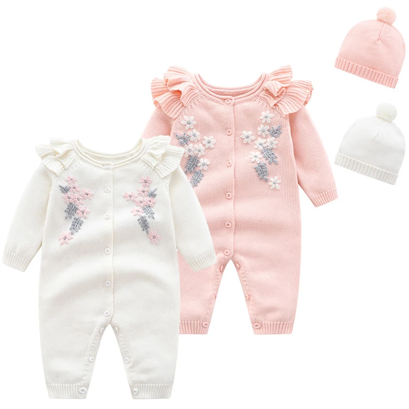 New Toddler Baby Girl Knitting Romper+Hat Floral Embroidery Long Sleeve