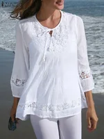 Womens Lace Patchwork Blouses ZANZEA 2025 Summer Bohemian Casual 3/4 Sleeves Blusas Shirts Casual Hollow Out Tunic Tops Beach
