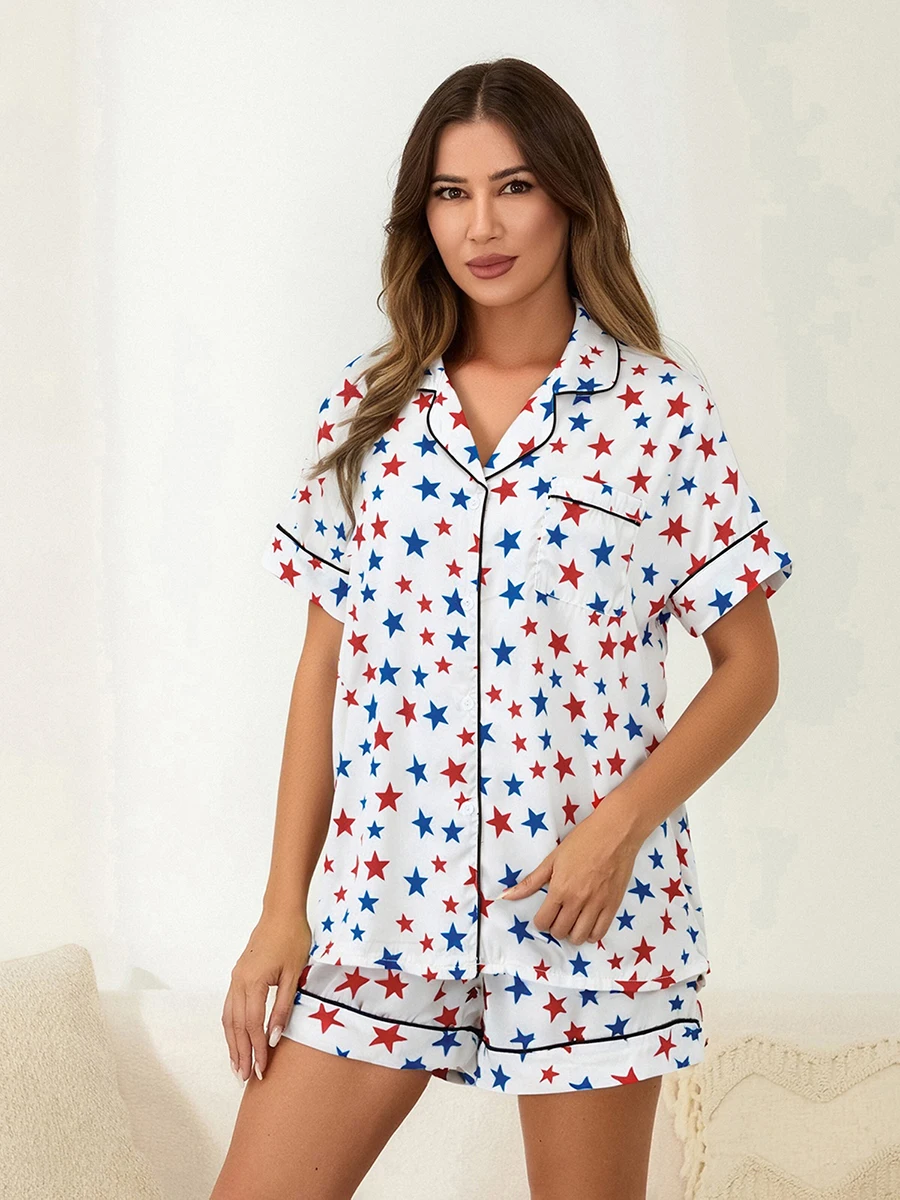 Women s Patriotic 4th of July Pajama Set with Stars and Stripes Print Button Down Shirt and Shorts - Summer Lounge Wear Outfit