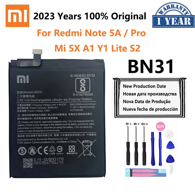 

100% Original Phone Battery For Redmi Note 5A Prime S2 Battery Xiaomi Mi 5X A1 Mi5X BN31 Replacement Bateria 5A Pro Y1 MiA1 S2