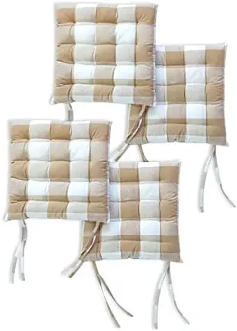 

Cushions 40x40 cm with Ties 4 pcs - Beige Checks - Stripe Cotton Fabric, Rich Square Seat Cushions Micro-Fiber Filling, Large S