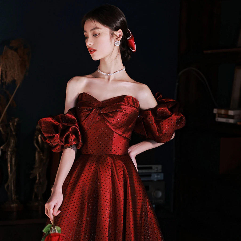 

Burgundy Cocktail Dress Bow Satin Off Shoulder Detachable Sleeve Strapless Long A-line Formal Wedding Bride Prom Party Gowns