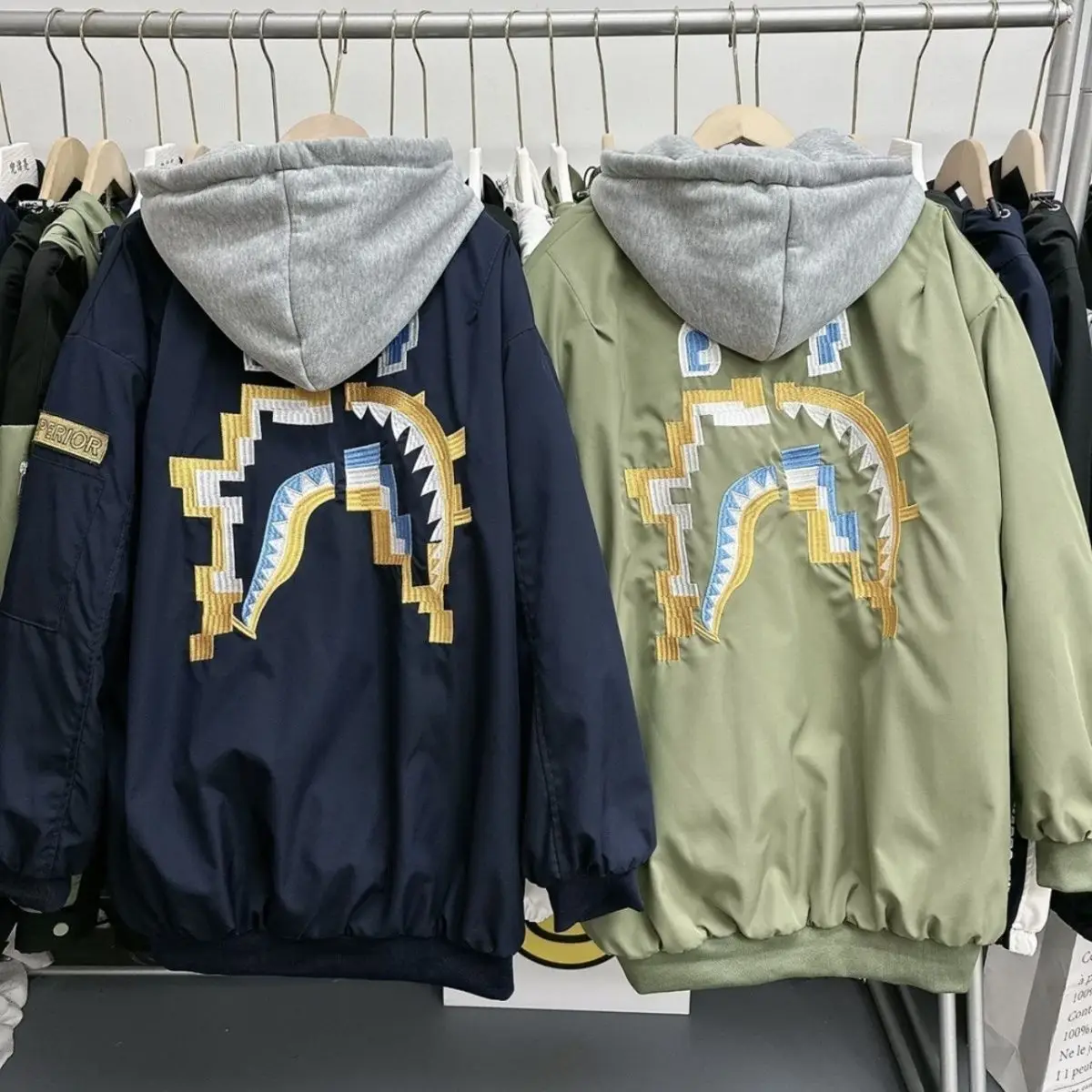 Embroidered Shark Baseball Jacket Coat Men's and Women's Loose Jacket Cotton Clothing Coat Women  Winter Coat Trench Coats