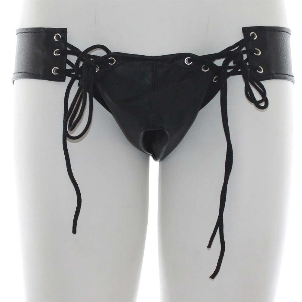 

Removeable Peni Bugle Pouch Thong Mens Lingeri Underwear Briefs Pu Leather Wet Look Jockstrap Trunks Tethered Hollow Gay Panties