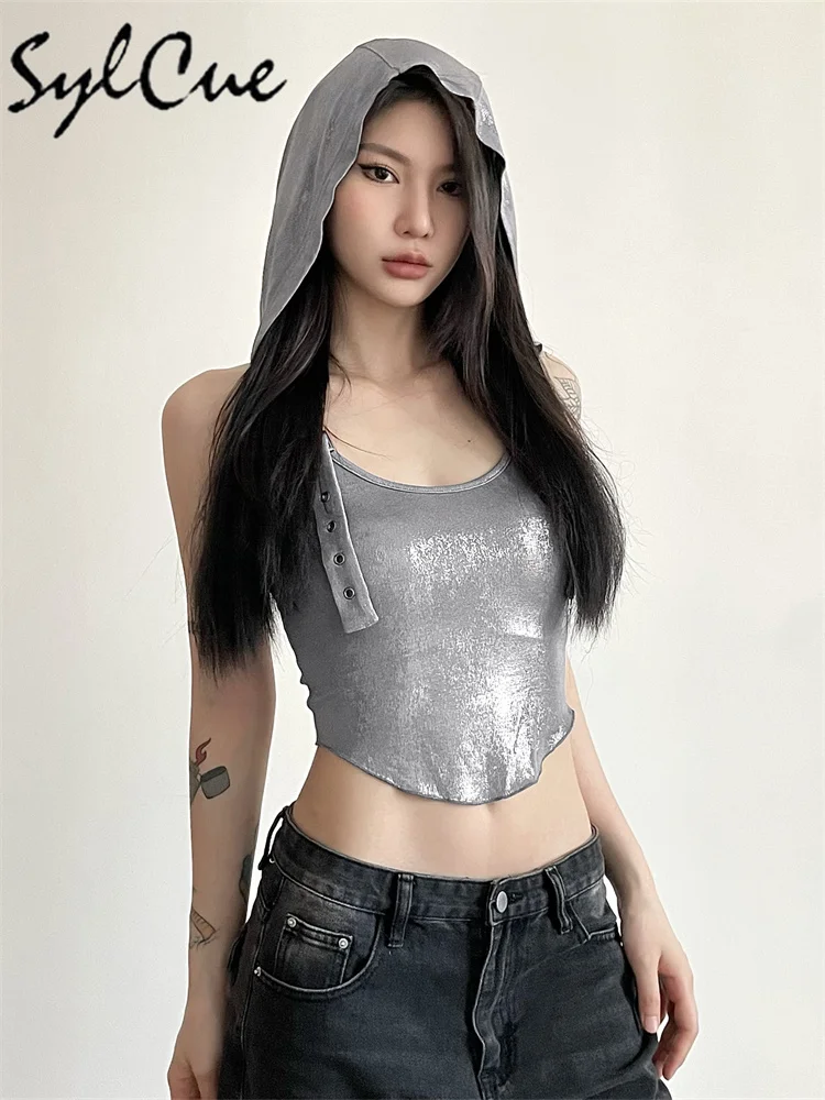 Nibber Silber Retro Matte Cyberpunk Modische High Street Sexy Reife Selbstbewusst Cool Einfache Damen Sommer Dünne Kapuzenweste