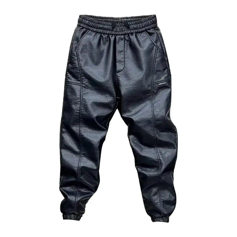 Men's Pants Faux Leather Elastic Waist Windproof And Waterproof Patchwork Solid Color Loose Thickened Plush Men's Cycling Pants 5