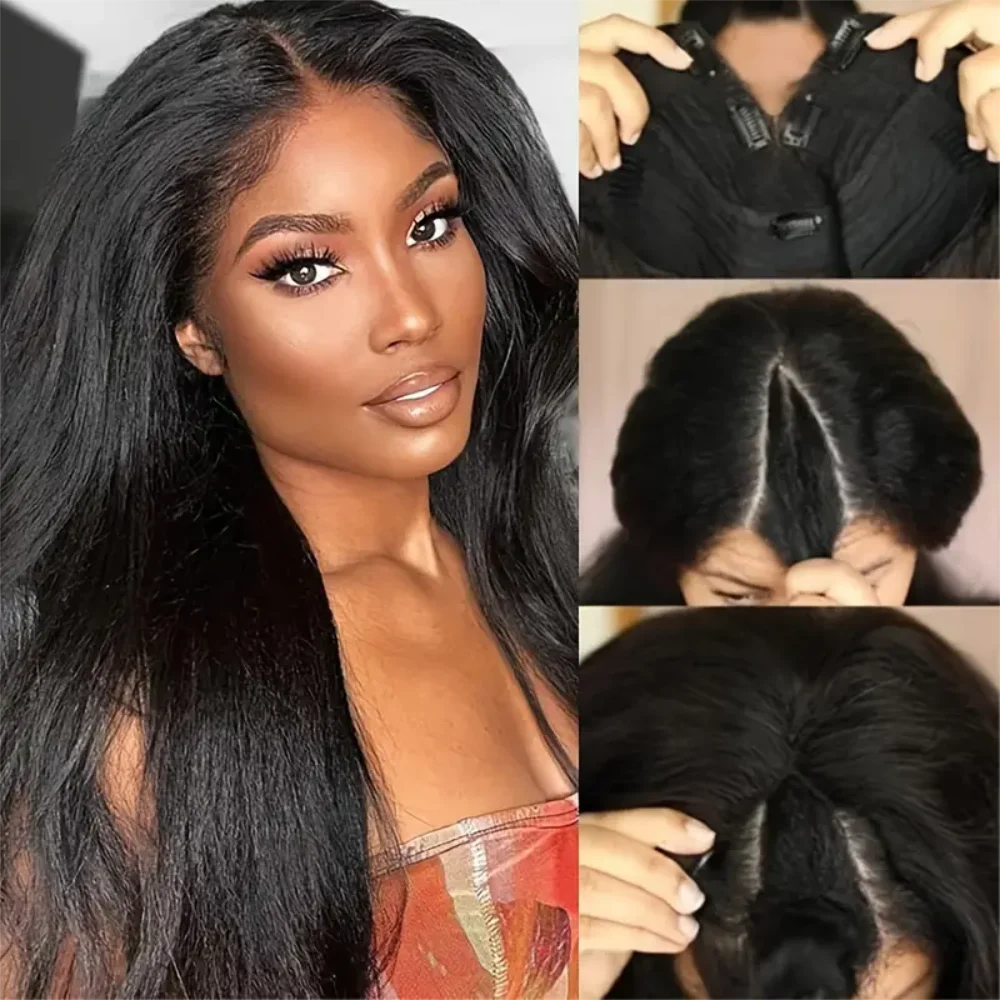 Glueless Kinky Straight V Part Human Hair Wigs Natural Black Full Yaki Straight  Wig With No Leave Out V Part Wigs Human Hair