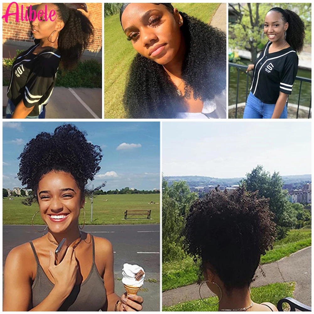 Alibele Afro Kinky Curly Wrap Around Ponytail Human Hair Extension Short Ponytail Clip in Hairpiece 4B 4C Remy Curly For Woman