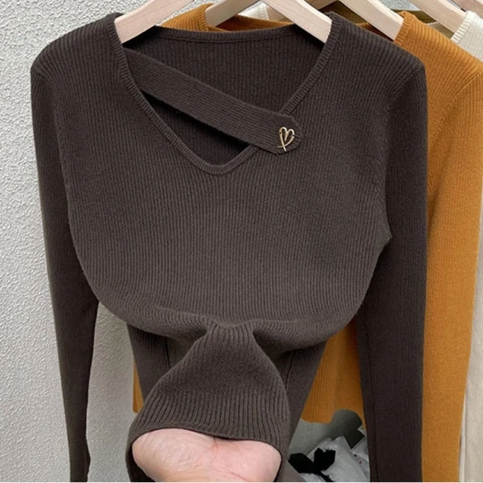 

Coffee RU V-neck Long Sleeve T Loose Tops Slim Woman Pullover Knitted Sweater Jumper Spring Top Cloth Clothes Women Girl Lady