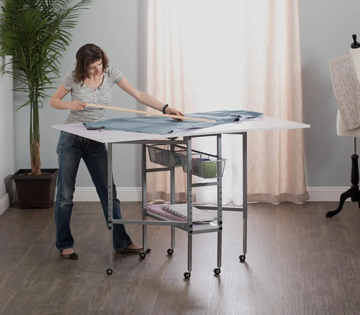 Sew Ready Hobby and Cutting Table - 58.75" W x 36.5" D White Arts and Crafts Table with 2 Mesh Storage Drawers 3