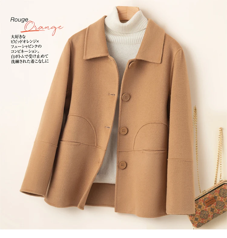 Kurzer Damenmantel aus 100 % Wolle, doppelseitige Wolljacke mit Polokragen, Frühlings- und Herbst-Schnallenmantel, locker und bequem – Detail 1