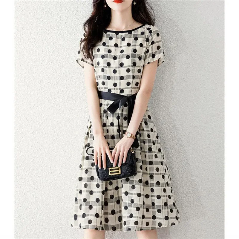 

Summer Fashion Korean Simple Polka Dots Print Belt Elegant Chic Party Dresses for Women Casual Short Sleeve Midi Dress Vestidos