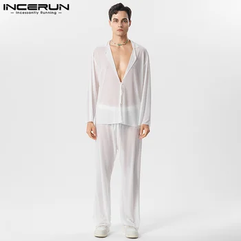 INCERUN 남성용 투명 스트리트 웨어 세트, 라펠 긴팔, 레이스업 셔츠 및 바지, 루즈 솔리드 수트 S-5XL, 2023 패션, 2 개