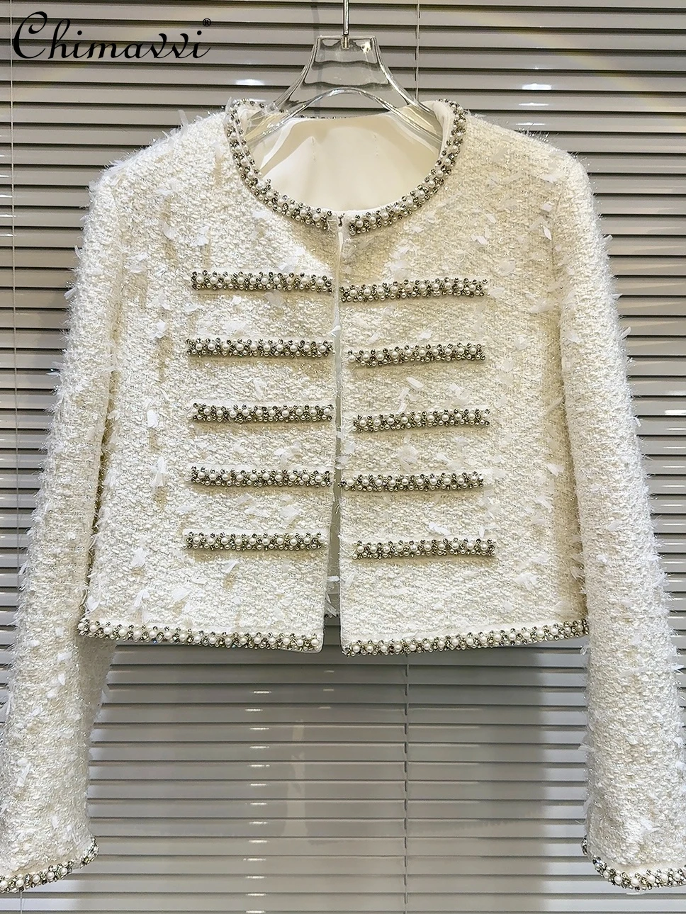 

White Jacket 2023 Winter Clothes New Fashion Pearl Rhinestone Furry Tweed Quilted Short Coat Long-sleeve Elegant Women Tops