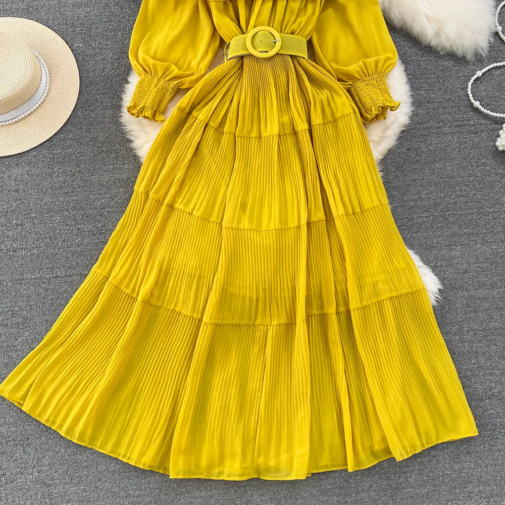 Women Vintage Off Shoulder Dress Chiffon Summer Sweet Lotus Leaf Edge Elegant Pleated Dresses Ladies Evening Party Long Dress