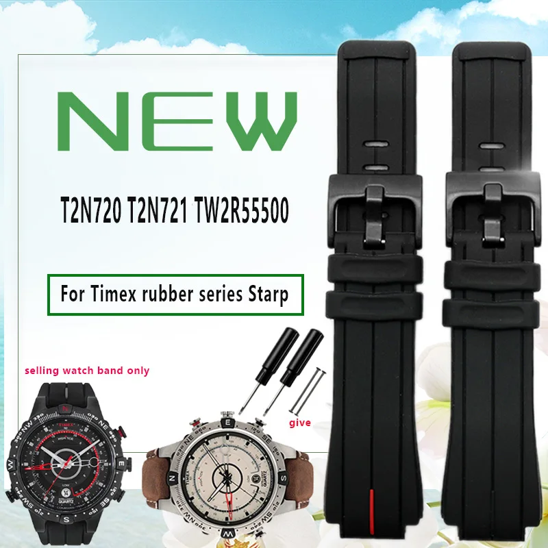 

Ремешок резиновый для часов Timex T2N720 T2N721 TW2R55500, черный водонепроницаемый силиконовый спортивный браслет, 24*16 мм