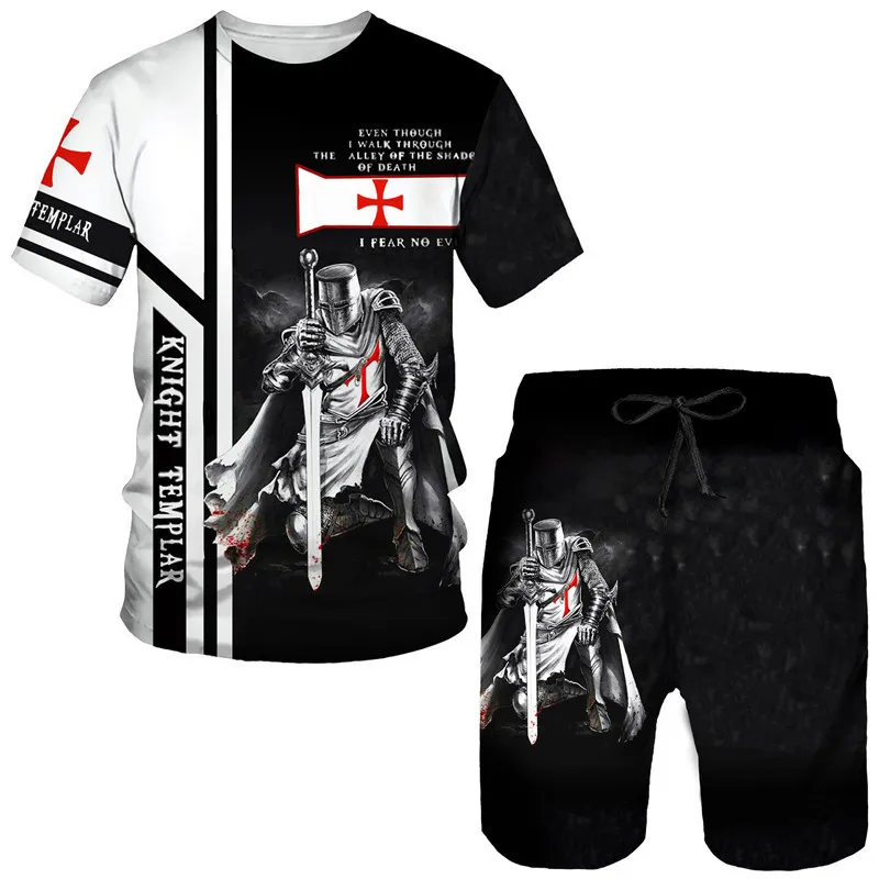 Knight Templar Printing T-Shirt Shorts Set Summer Men Set Suit 2 Piece Set Outfits Male Beach Style Streetwear Men's Tracksuit