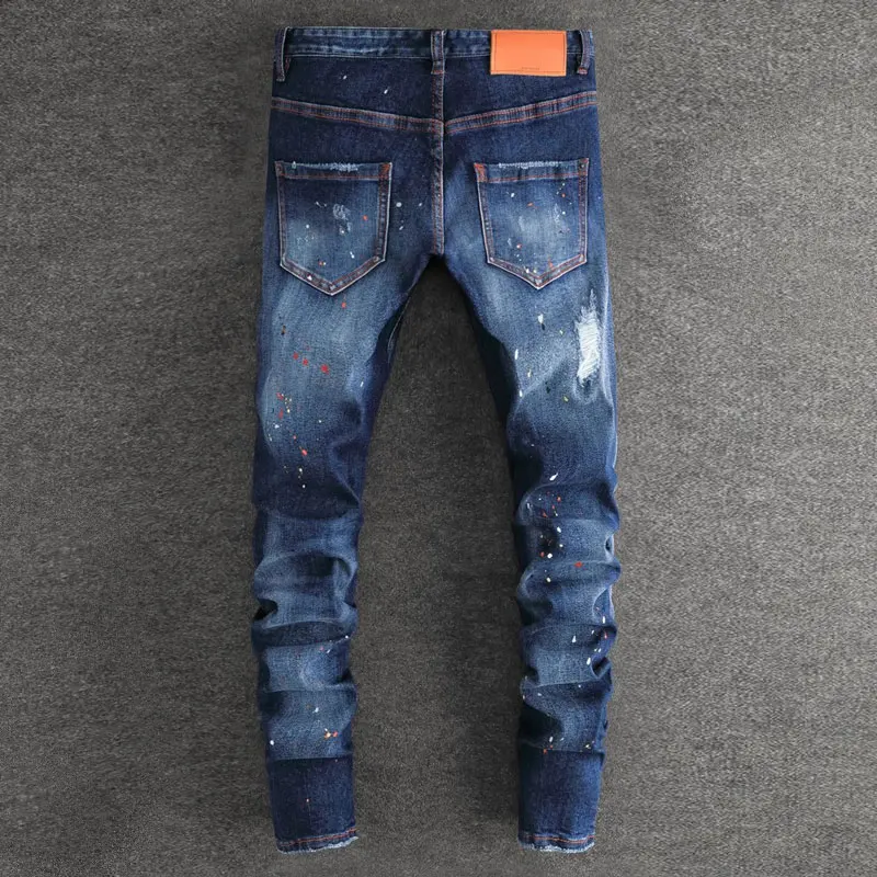 Street Fashion Men Jeans High Quality Retro Dark Blue Stretch Skinny Fit Ripped Jeans Men Painted Designer Hip Hop Brand Pants
