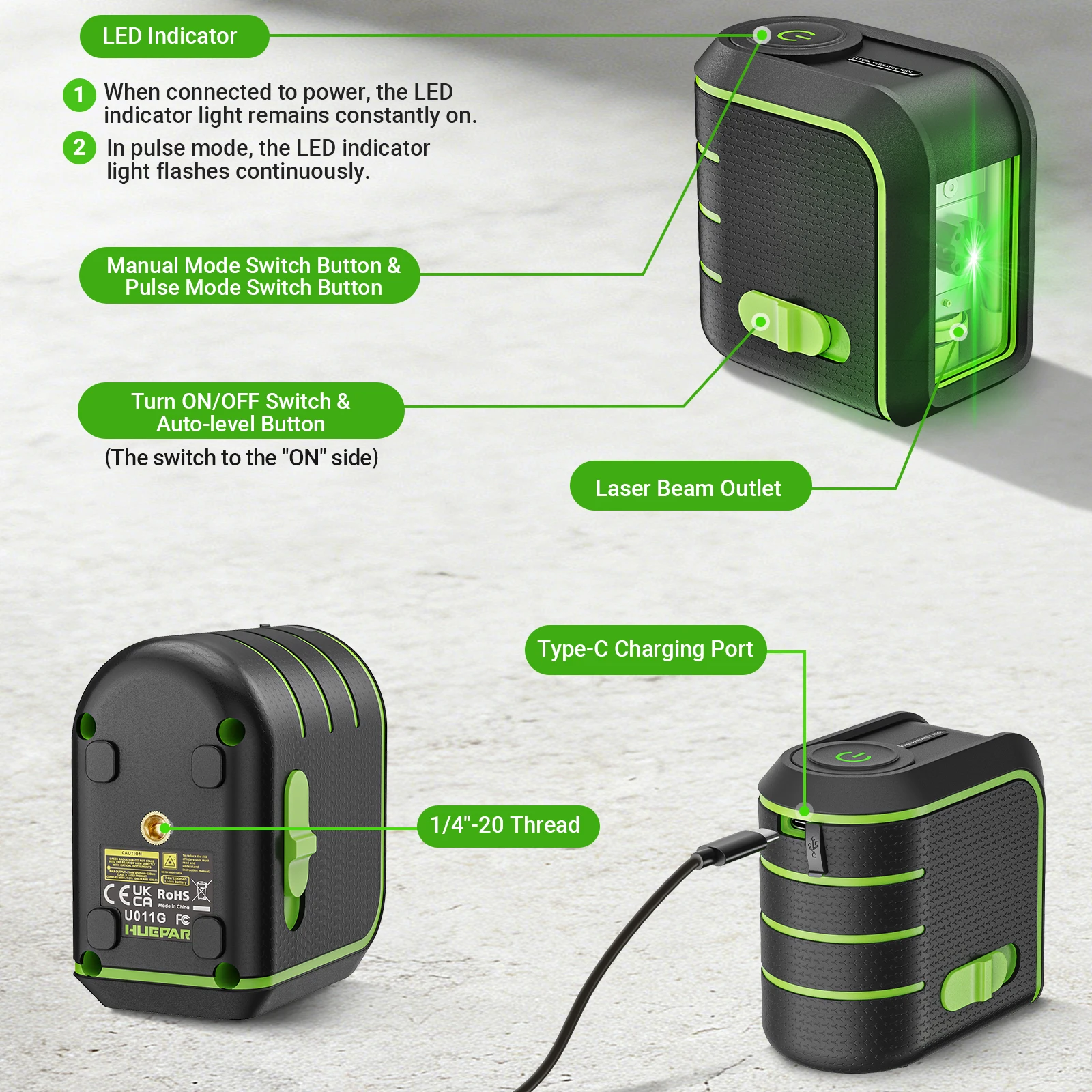 U011G green beam 2 lines self-leveling laser level with pulse mode & 2200mAh bat