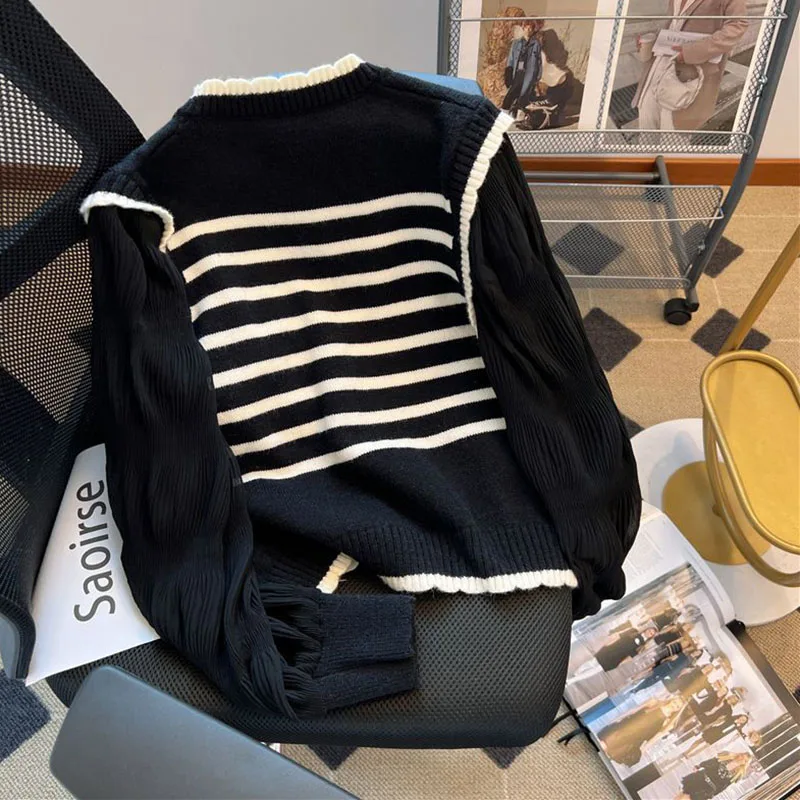 여성용 스트라이프 니트 스웨터, 캐주얼 루즈 패치워크 긴팔 니트웨어, 여성 대학 스타일, 짧은 싱글 브레스트 가디건, 신제품