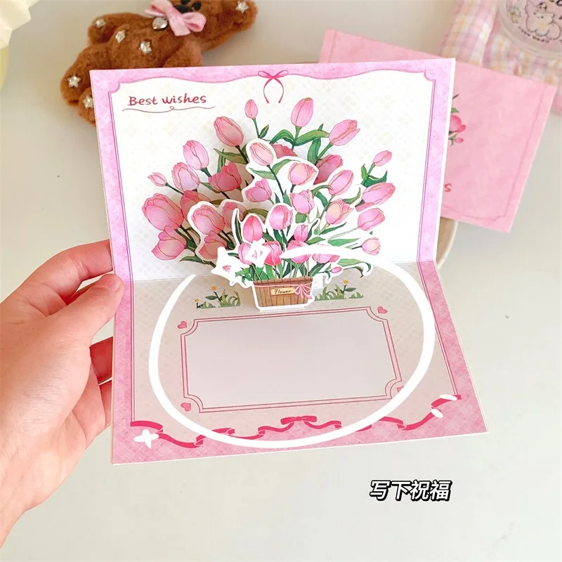 2pcs Cute Cartoon Animal Rabbit Rose Paper 3D Greeting Card and Envelope for Kids Adult Teacher Happy Birthday Gift Card