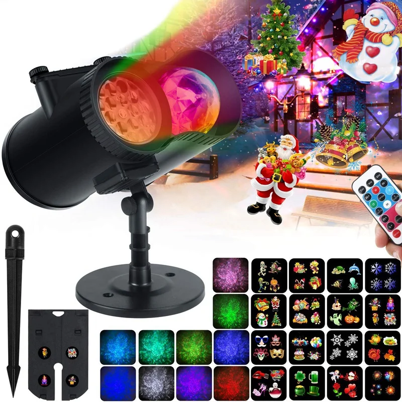 

Рождественский проектор, 2 в 1, декоративный проектор водной волны, 16 слайдов, водонепроницаемые узоры для наружного/внутреннего ландшафта, фонарь