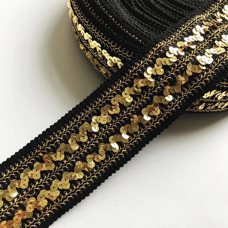 65mmElasticGoldenSequinsRibbonLaceTrimSequinSewingFabric