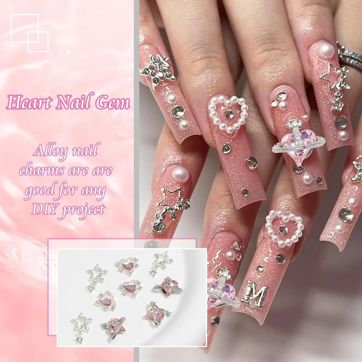 15PCS Nail Art Charms Crystal Heart Nail Charms Pink Shiny Planet Charms 3D Alloy Star Nail Charm Shiny Flatback Diamond Nail 5