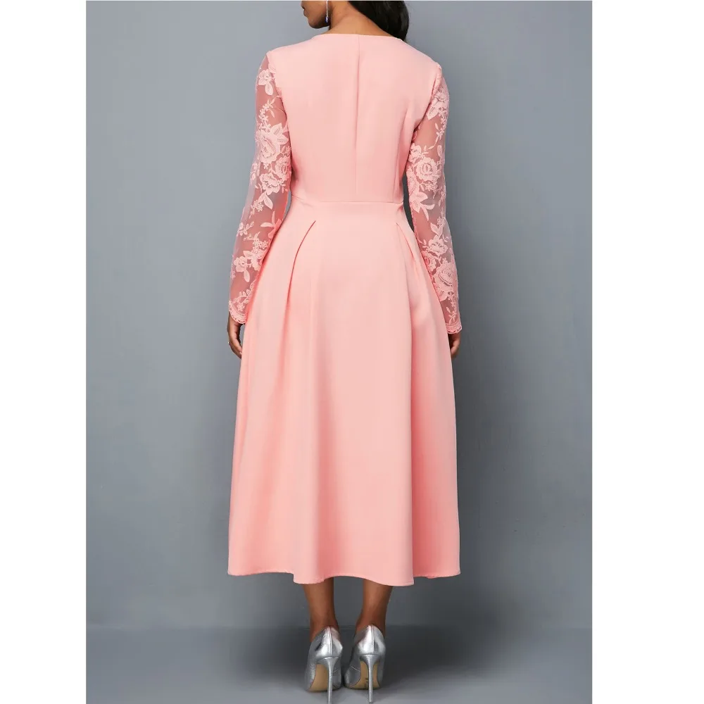 Women's Dress Elegant Long Sleeve Lace Stitching High Waist big hem mid-length Big Size Dresses For Women (4)