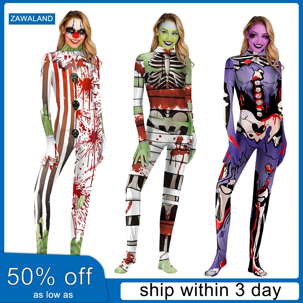

Zawaland Sexy Catsuit Halloween Costume Cosplay Anime Jumpsuit Skeleton Print Bodysuit Carnival Purim Clothes Scary Style Zentai