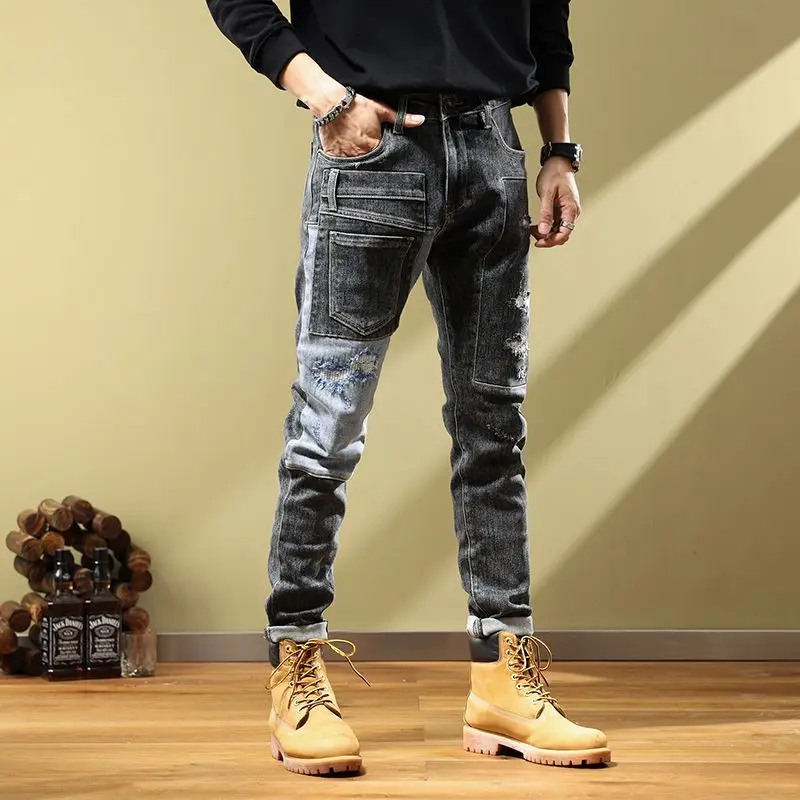 Autumn fashion label fashion patch splicing fashion men's jeans motorcycle retro Korean small leg pants ripped jeans  men jeans