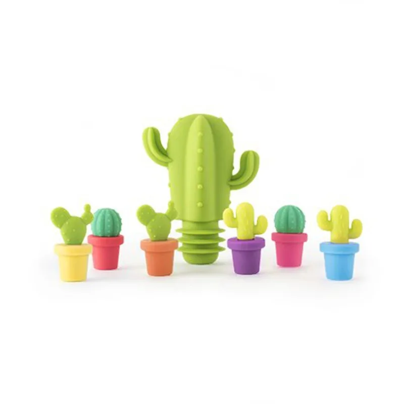 Cactus-Shaped Silicone Wine Stoppers &Glass Markers - 2-in-1 Creative Leak-Proof Set for Party, BPA-Free Freshness Preservation