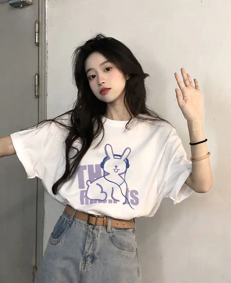 Summer creative earphone rabbit round neck t-shirt women ins loose version home casual small fresh short sleeve top girl clothes
