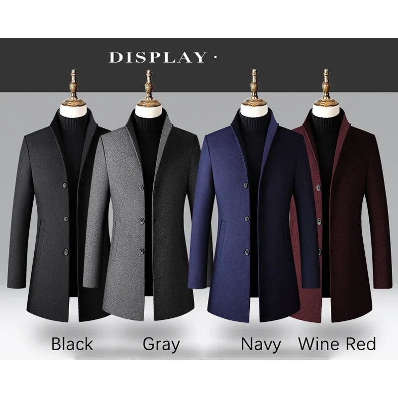 Long Jackets For Men Autumn and Winter Solid Color Men Woolen Coat Business Casual Windbreaker Trench