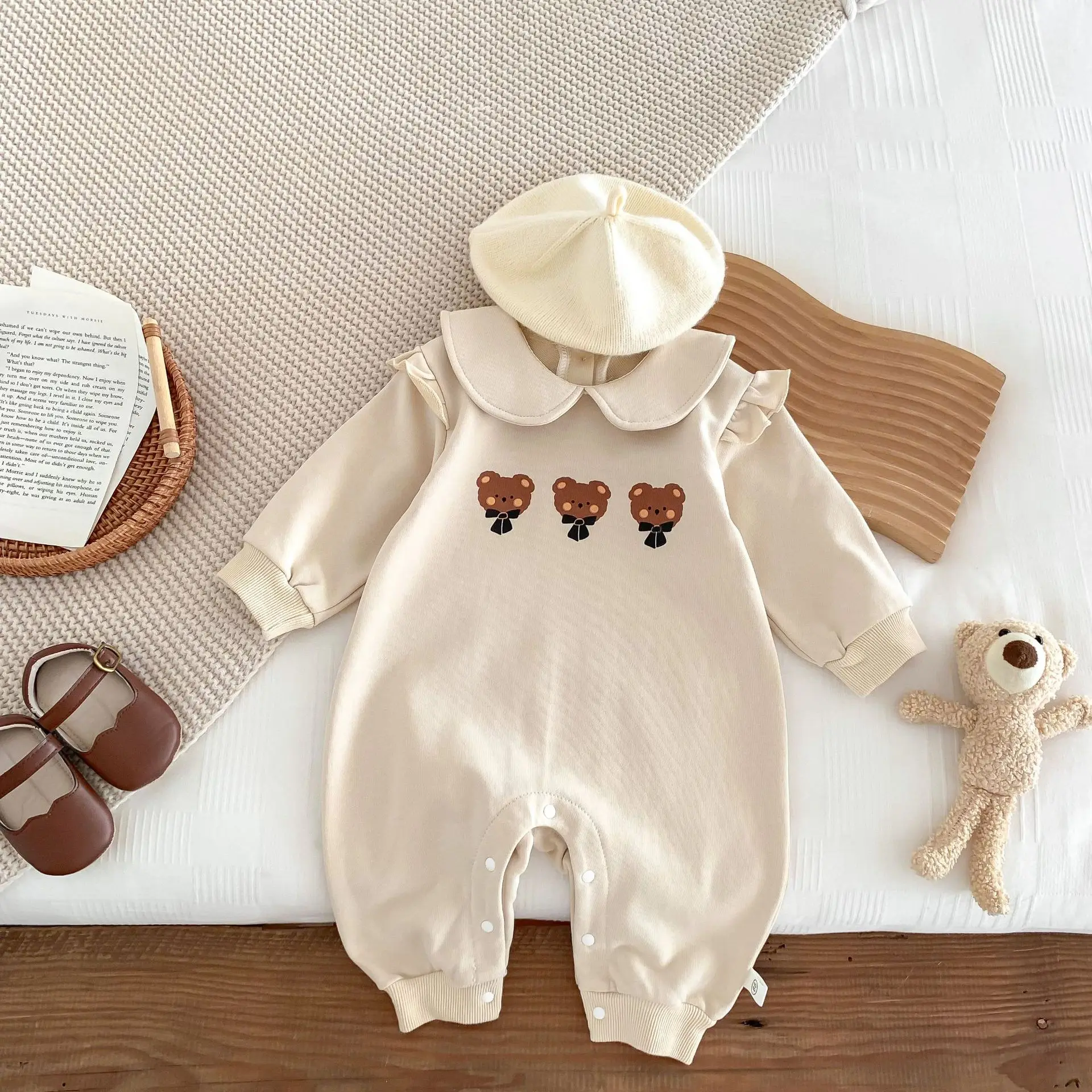 

Autumn Baby Girls Long Sleeve Romper Toddler Peter Pan Collar Bear One Piece Infant Cotton Jumpsuit Newborn Boys Clothes