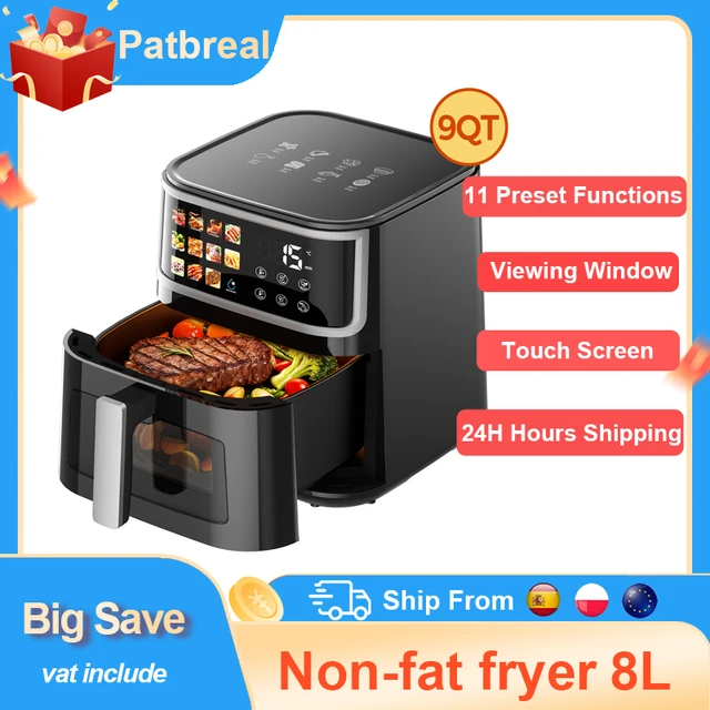 Friteuse à air intelligente Patbrela 8L 1700W avec écran tactile LED 11 fonctions prédéfines Max 200 °   Friteuse à air sans huile à panier antiadhésif amovible C 1