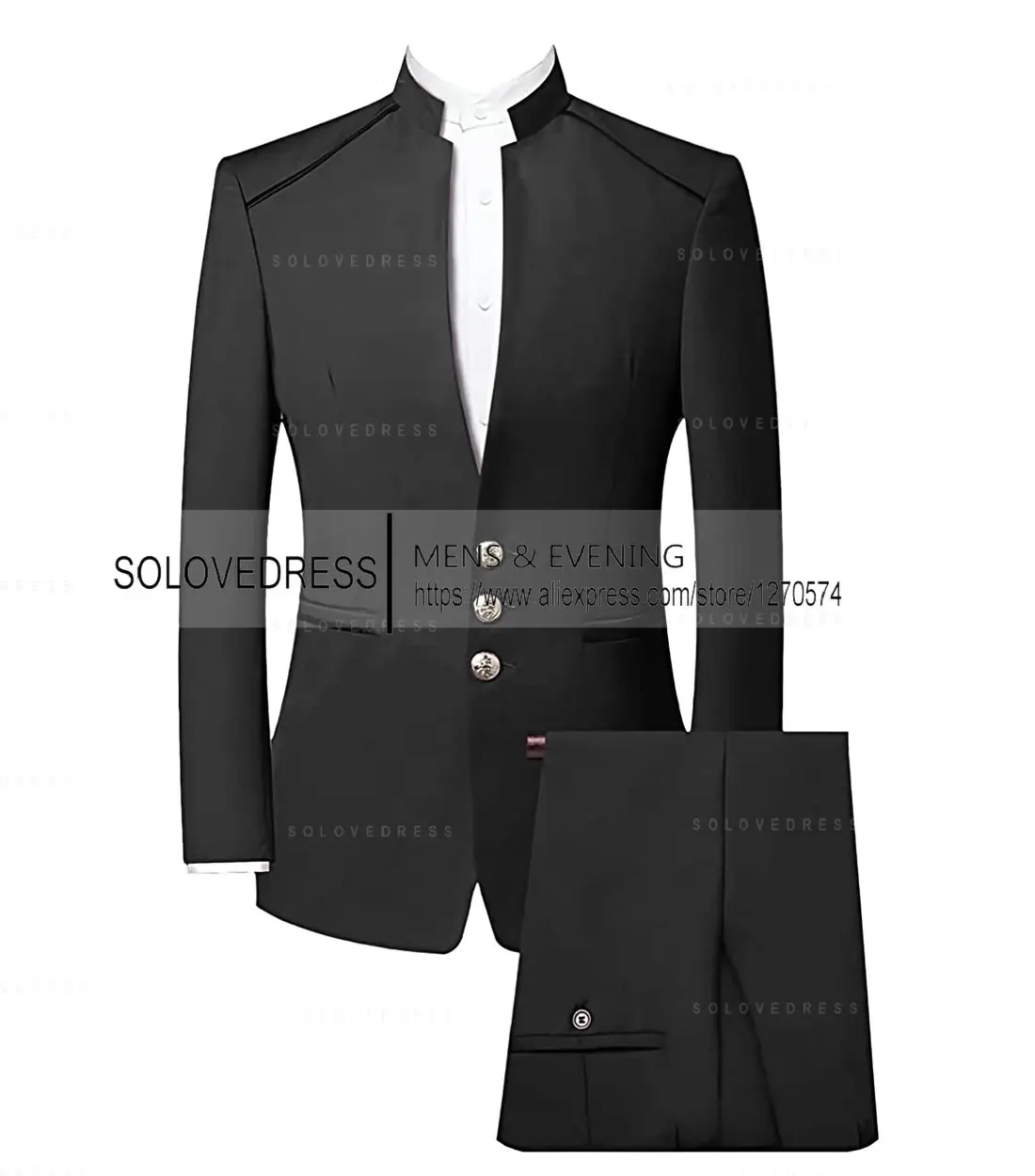 2 Pieces Men's Chinese Tunic Suit   Formal Suits   Single Breasted  for Groomsmen  Wedding Tailored Fit  (Blazer+Pants)