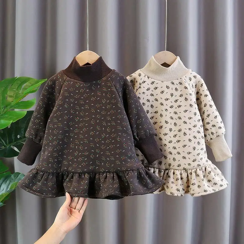 

Girls Casual Dresses Autumn Winter New Korean Plush Baby Fashionable Fragmented Flowers Childrens Clothing Sweet