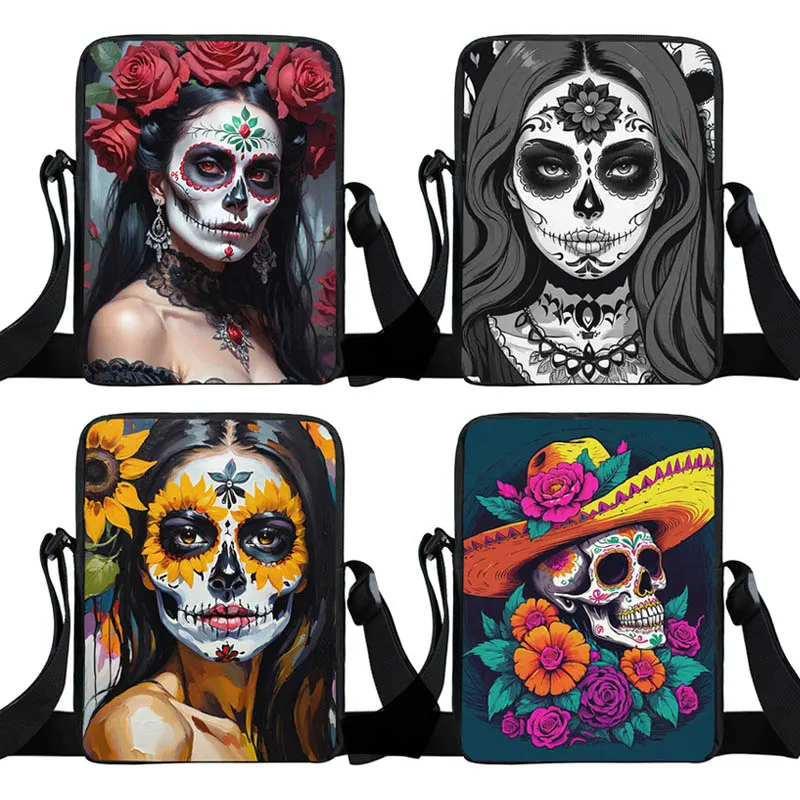 

Сумка кросс-боди с принтом мексиканского черепа, женская сумочка с цветами, розами, чемоданчик на плечо для макияжа с черепом, держатель для телефона, Подарочная сумка для хранения