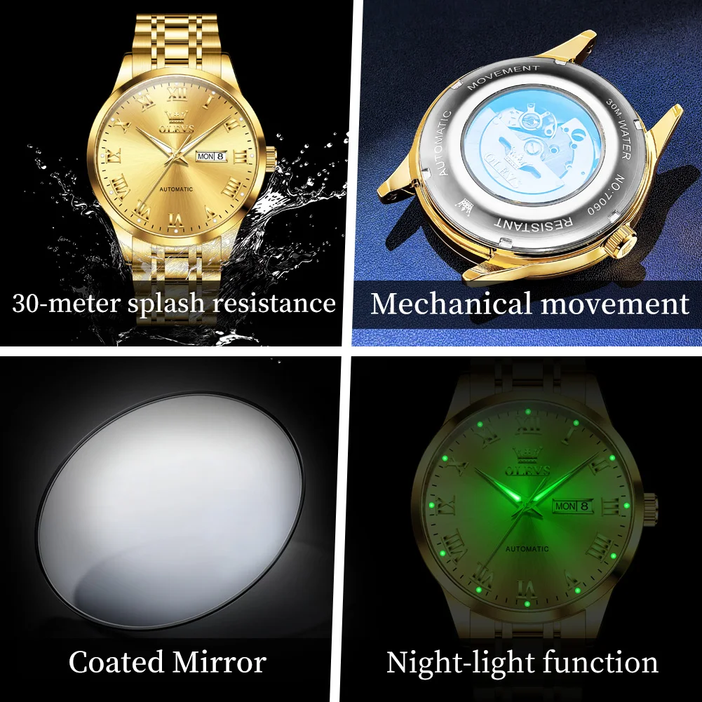 OLEVS 7060 Luxury Automatic Men's Watches Dual Calendar Business Mechanical Wrist Watches For Man Luminous Waterproof Man Watch