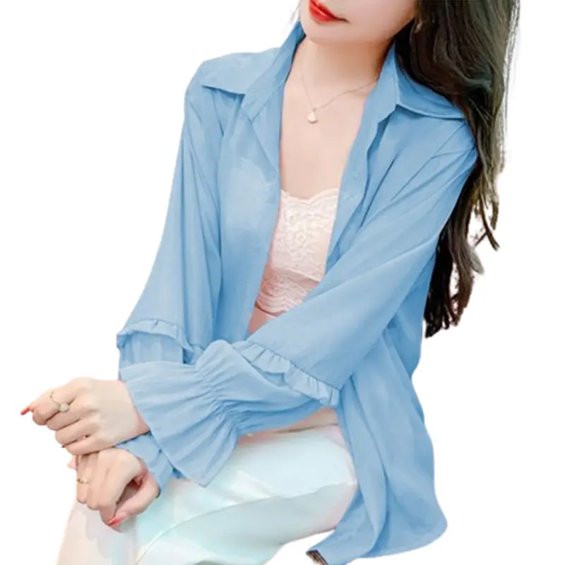 Elegant Fashion Harajuku Slim Fit Female Clothes Loose Casual All Match Tops Women Solid Button POLO Collar Long Sleeve Blusa