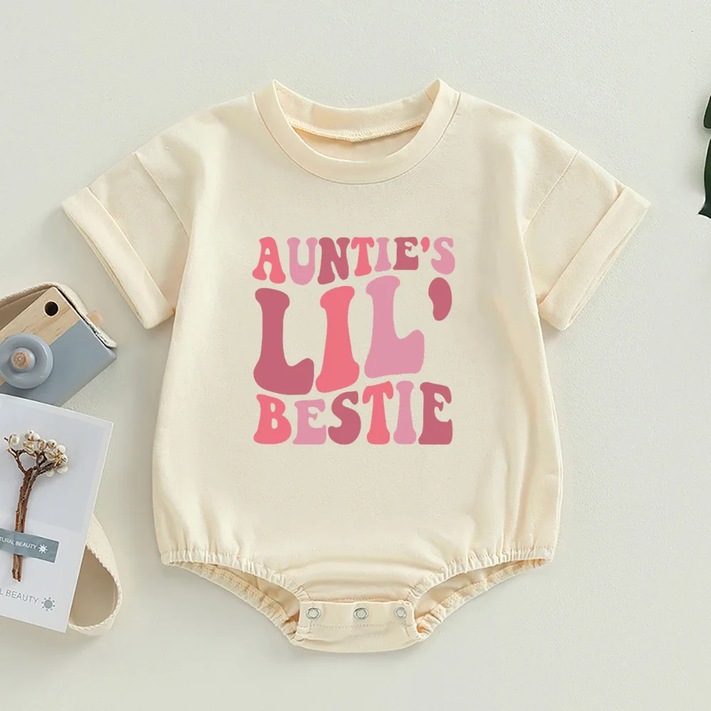 Auntie's Little Bestie Bubble Romper Newborn Baby Girl Boy Clothes Summer Short Sleeve Crewneck Cute Bodysuit Top Outfit 6