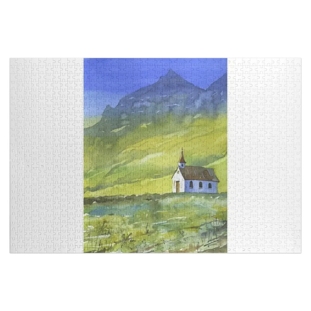 

Reynisfjara beach church near the town of Vik- Iceland. Watercolor painting Icelandic coast colorful wall artwork Jigsaw Puzzle