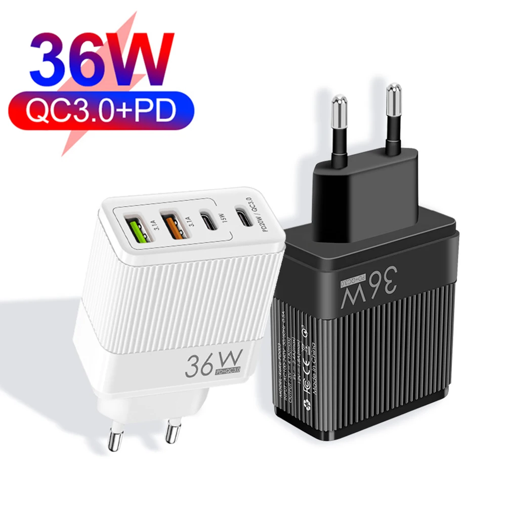 

36W 4 Ports USB Type C Charger QC3.0 PD 20W Adapter For iphone 11 12 13 Xiaomi Realme Mobile Phone Fast Charge Wall Charger Plug