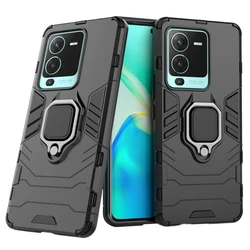Shockproof Armor Phone Case with Metal Ring Holder and Magnetic Stand for VIVO V25 (Black)