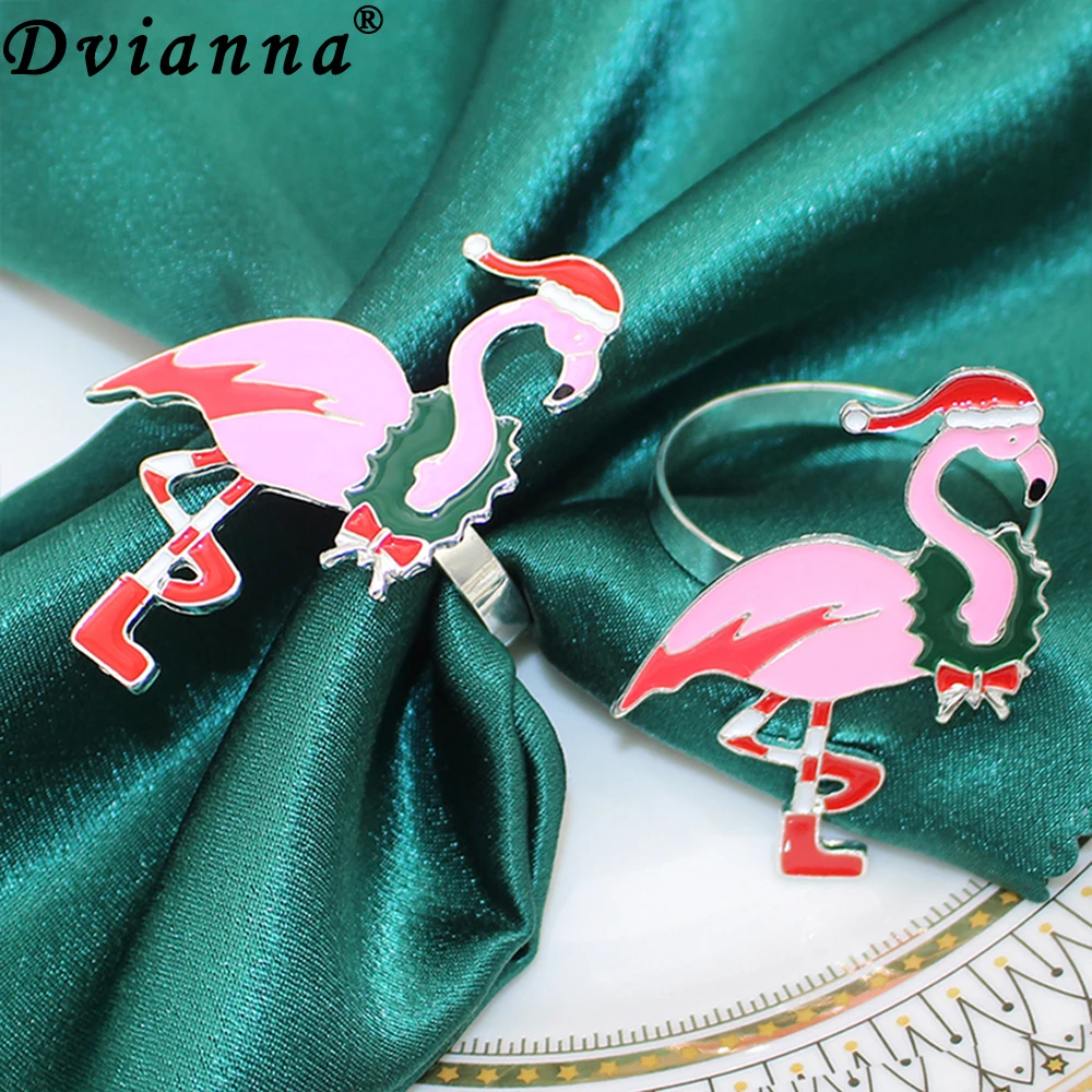 

12Pcs Christmas Flamingo Napkin Rings Enamel Pink Santa Animal Napkin Holder for Wedding Holiday Xmas Party Table Decor HWC321