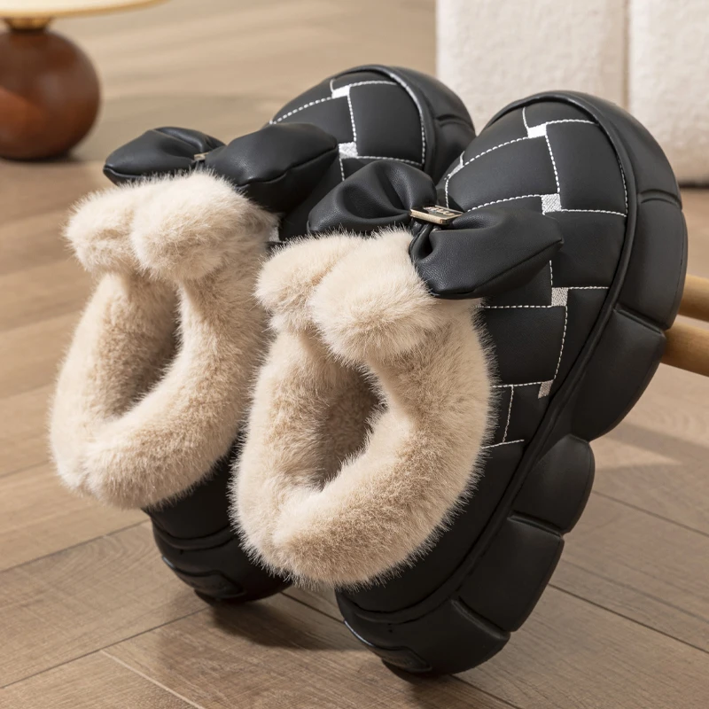 Chunky Platform Cotton Slippers Women 2025 Winter Bowknot Decor Warm Fur Snow Boots Woman Lightweight Soft Thick Sole Home Shoes